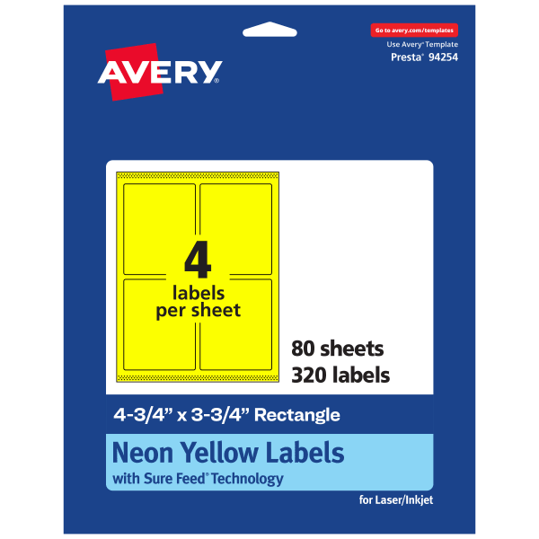 Avery Print-To-The-Edge Labels With Sure Feed Technology And Easy Peel, 94254-NYP80, Rectangle, 4-3/4in x 3-3/4in, Matte Neon Yellow, Pack of 320