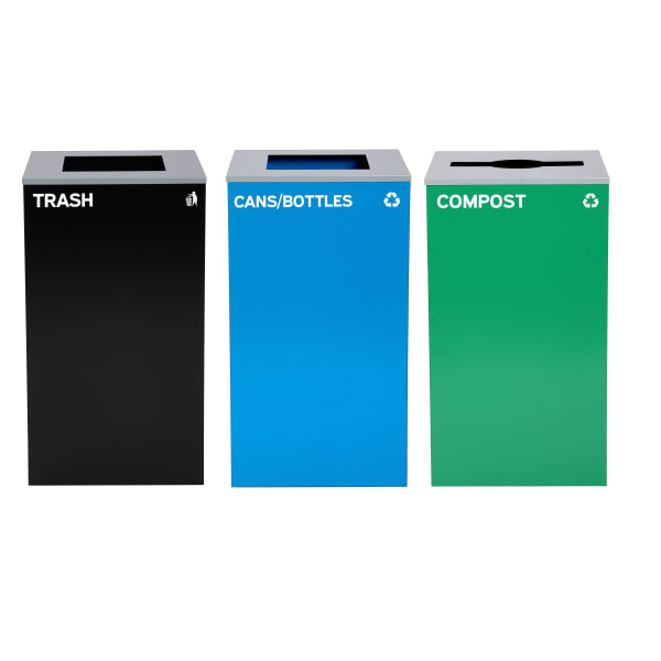 Alpine Industries Stainless-Steel Open Top Compost, Cans/Bottles And Trash Can Set With Square And Mixed Lids, 29 Gallons, 30inH x 16-15/16inW x 16-15/16inD, Black/Blue/Green, Set Of 3 Trash Cans