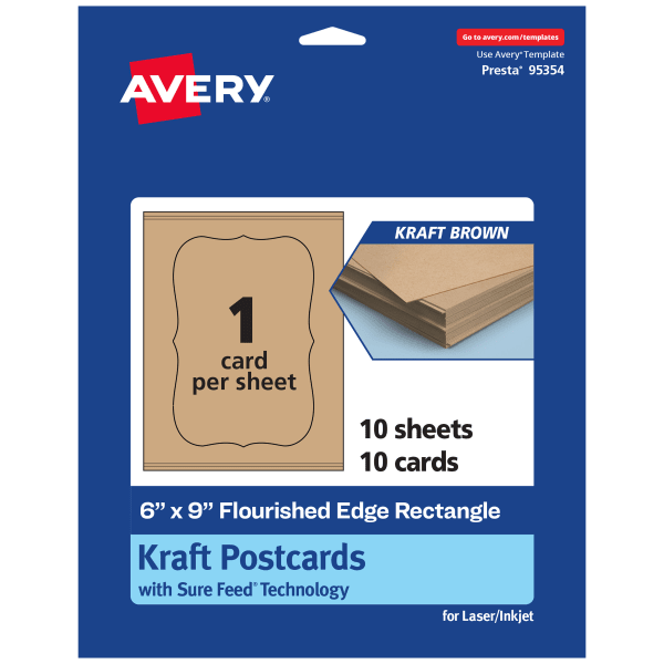 Avery Printable Postcards With Sure Feed Technology, 6in x 9in Rectangle Flourished Edge, Kraft Brown, Pack Of 10