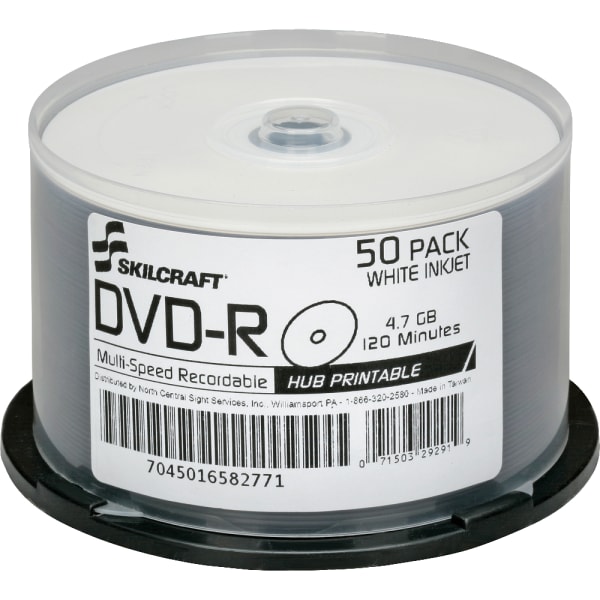SKILCRAFT Inkjet Printable DVD-R Recordable Media With Spindle, 4.70 GB/120 Minutes, Pack Of 50 Pack