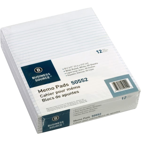 Business Source Glued Top Ruled Memo Pads - Letter - 50 Sheets - Glue - Wide Ruled Front Ruling - 16 lb Basis Weight - Letter - 8 1/2in x 11in Sheet Size - White Paper - 1 Dozen