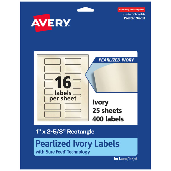 Avery Pearlized Permanent Labels With Sure Feed, 94201-PIP25, Rectangle, 1in x 2-5/8in, Ivory, Pack Of 400 Labels