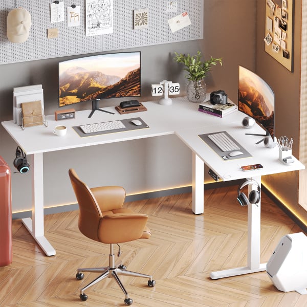 Bestier 63inW Electric Adjustable-Height L-Shaped Standing Desk, White
