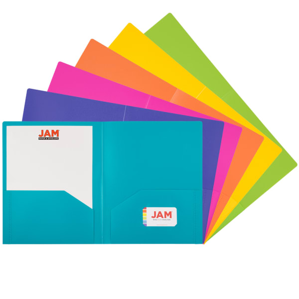 JAM Paper Heavy-Duty Plastic Presentation Folders, 9-1/2in x 11-1/2in, Assorted Primary, Pack Of 6 Folders