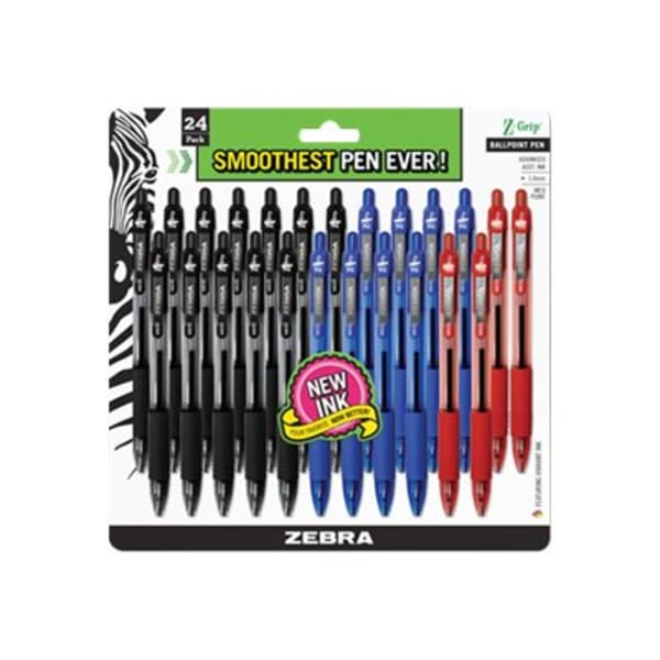 Zebra Pen Z-Grip Retractable Ballpoint Pens, Pack Of 24, Medium Point, 1.0 mm, Translucent Barrel, Assorted Ink Colors