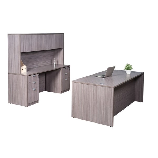 Boss Holland Series Office Suite With 71inW Desk, Hutch, Credenza & 2 Pedestal Files, Driftwood