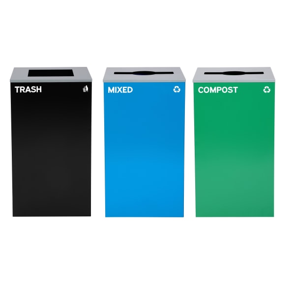 Alpine Industries Stainless-Steel Open Top Mixed Recycling, Compost And Trash Can Set With Square And Mixed Lids, 29 Gallons, 30inH x 16-15/16inW x 16-15/16inD, Black/Blue/Green, Set Of 3 Trash Cans