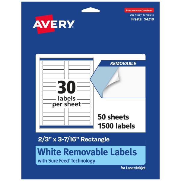 Avery Removable Labels With Sure Feed, 94210-RMP50, Rectangle, 2/3in x 3-7/16in, White, Pack Of 1,500 Labels