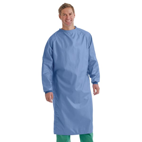 Medline 1-Ply Blockade/AngelStat Surgeons Gowns, Snap Neck And Tie Mid-Back, X-Large, Ceil Blue, Pack Of 12
