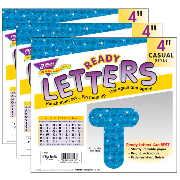 TREND Ready Letters, 4in, Casual Uppercase, Blue Sparkle, 71 Per Pack, Set Of 3 Packs