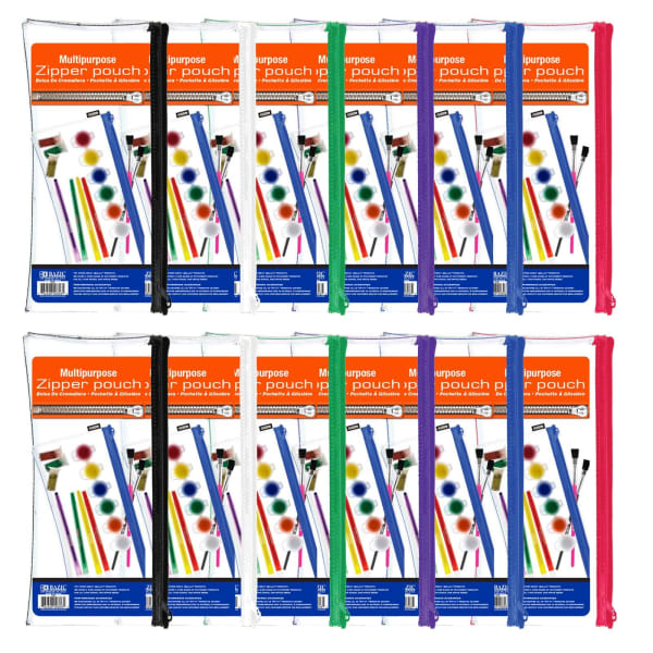 BAZIC Products Multipurpose Clear Zipper Pouches, 11in x 5in, Assorted Colors, Pack Of 12 Pouches