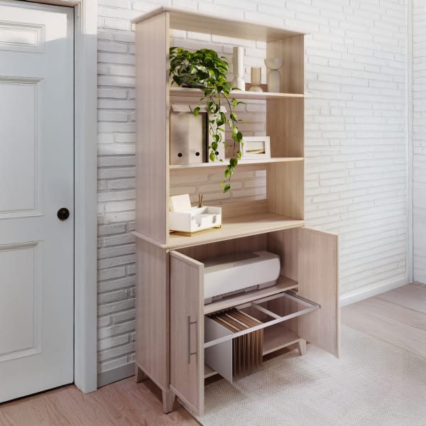 Realspace Koru 72inH 3-Shelf Bookcase With Printer Shelf & File Storage, Natural Oak, BIFMA Compliant