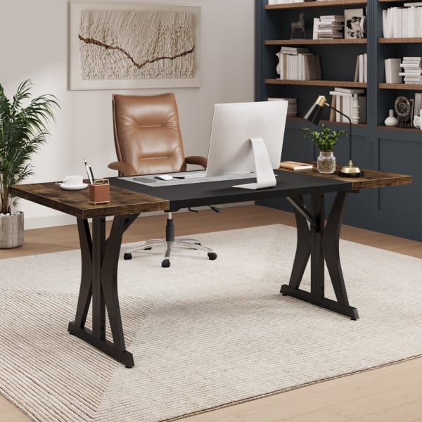 Bestier 71inW Computer Desk With X-Shaped Metal Legs, Rustic Brown