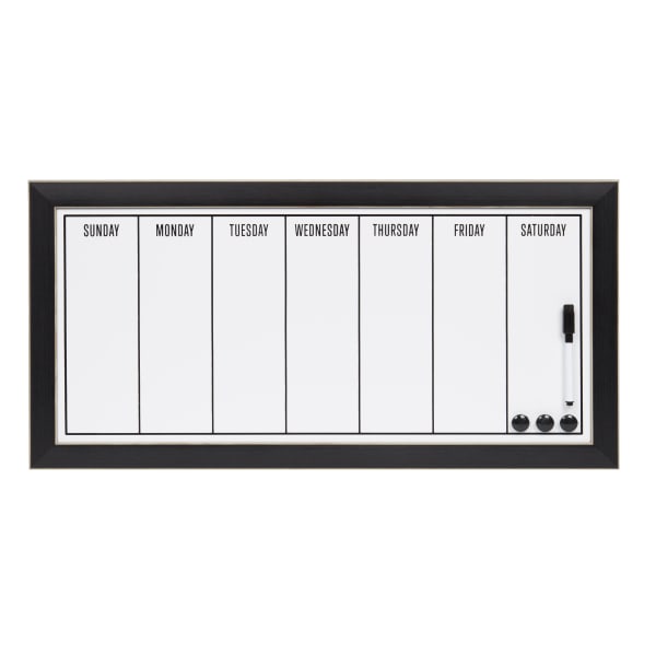 DesignOvations Wyeth Magnetic Framed Dry-Erase Weekly Calendar, Melamine, 13in x 26in, White, Black Plastic Frame