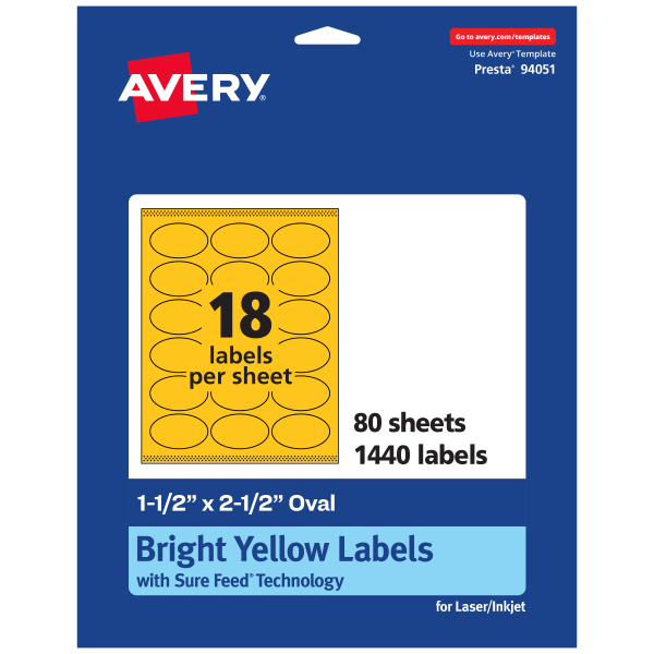 Avery Printable Labels With Sure Feed Technology, 94051-BYP80, Oval, 1-1/2in x 2-1/2in, Matte Bright Yellow, Pack of 1440
