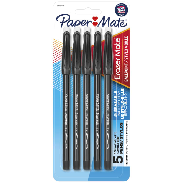 Paper Mate EraserMate Ballpoint Pens, Pack of 5, Medium Point, 1.0 mm, Black Barrel, Black Ink