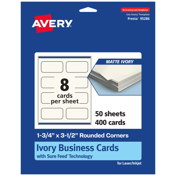 Avery Printable Rounded Corner Mini Business Cards With Sure Feed Technology, Print-To-The-Edge, 1.75inx3.5in, Matte Ivory, Pack Of 400