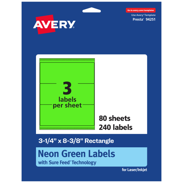 Avery Printable Labels With Sure Feed Technology, 94251-NGP80, Rectangle, 3-1/4in x 8-3/8in, Matte Neon Green, Pack of 240