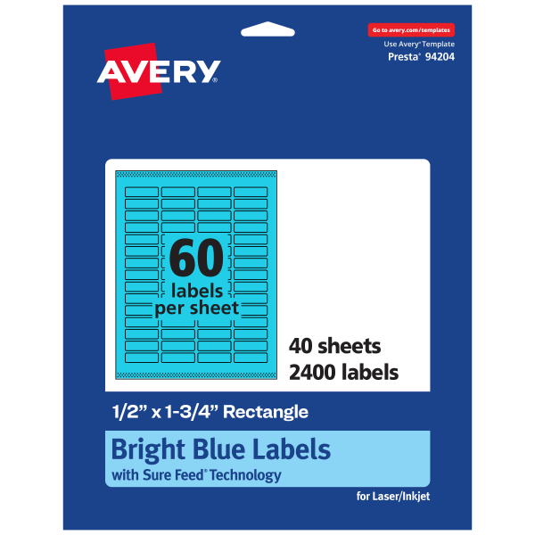 Avery Print-To-The-Edge Labels With Sure Feed Technology And Easy Peel, 94204-BBP40, Rectangle, 1/2in x 1-3/4in, Matte Bright Blue, Pack of 2400