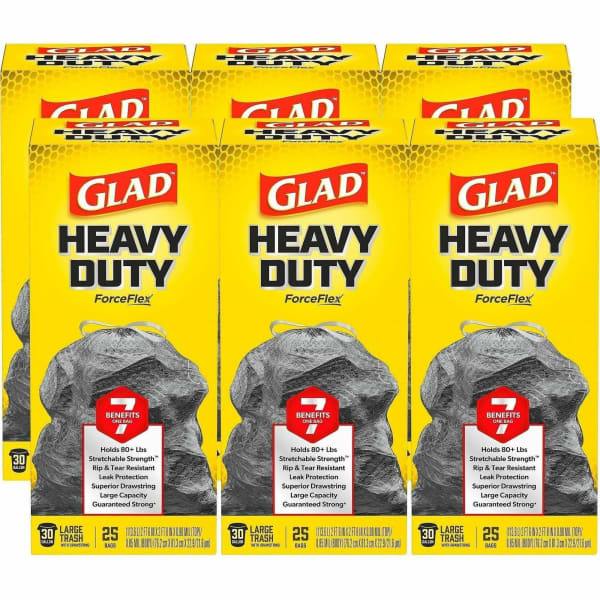 Glad ForceFlexPlus Large Drawstring Trash Bags - Large Size - 30 gal Capacity0.90 mil (23 Micron) Thickness - Drawstring Closure - Black - Home, Office, Can - 25 Box - 6 / Carton