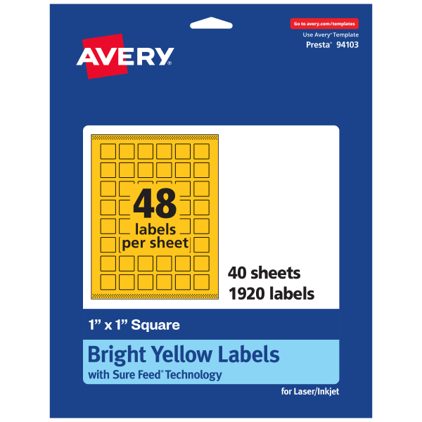 Avery Print-To-The-Edge Labels With Sure Feed Technology And Easy Peel, 94103-BYP40, Square, 1in x 1in, Matte Bright Yellow, Pack of 1920