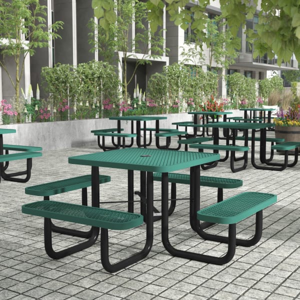 Flash Furniture Creekside Outdoor Square Picnic Table with Commercial Heavy Gauge Expanded Metal Mesh Seats and Top with Umbrella Hole, Steel Frame, Ground Anchors, Green
