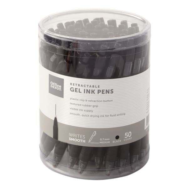Office Depot Brand Callisto Retractable Gel Ink Pens, Medium Point, 0.7 mm, Black Barrels, Black Ink, Pack Of 50 Pens