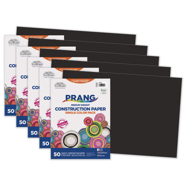 Prang Construction Paper, Medium Weight, 12in x 18in, Black, 50 Sheets Per Pack, Set Of 5 Packs