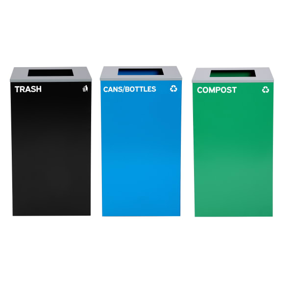 Alpine Industries Stainless-Steel Open Top Cans/Bottles, Compost And Trash Can Set With Square Lids, 29 Gallons, 30inH x 16-15/16inW x 16-15/16inD, Black/Blue/Green, Set Of 3 Trash Cans