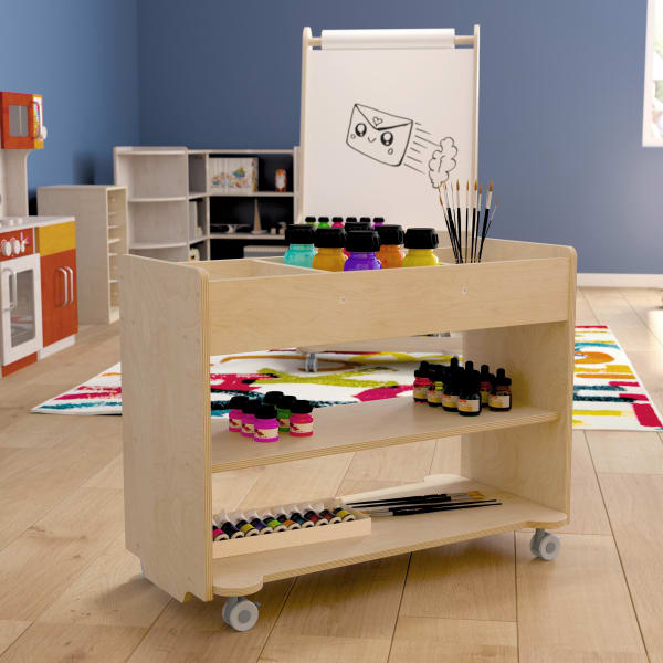 Flash Furniture Bright Beginnings Commercial Wood Mobile Storage Cart with 3 Top Storage Cubbies, 2 Lower Shelves And Locking Caster Wheels, 24-1/2inH x 31inW x 16inD, Beech