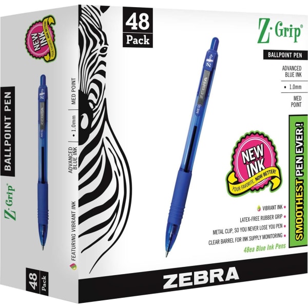 Zebra Pen Z-Grip Retractable Ballpoint Pens, Pack Of 48, Medium Point, 1.0 mm, Blue Barrel, Blue Ink