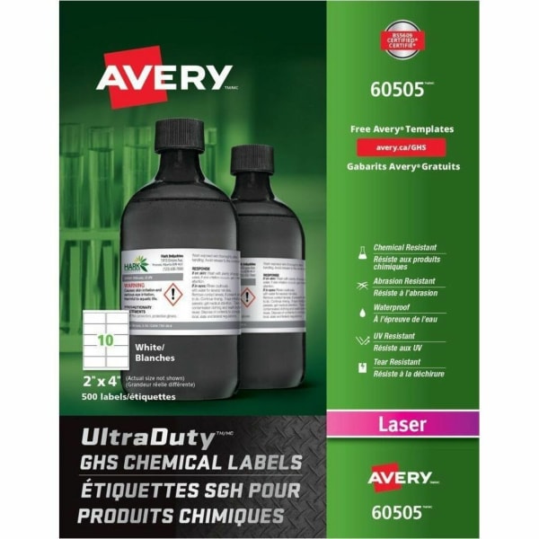 Avery UltraDuty GHS Chemical Labels, AVE60505, 2in x 4in, White, Box Of 500