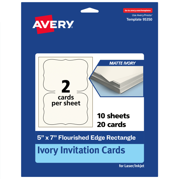 Avery Printable Invitation Cards, 5in x 7in Rectangle Flourished Edge, Matte Ivory, Pack Of 20