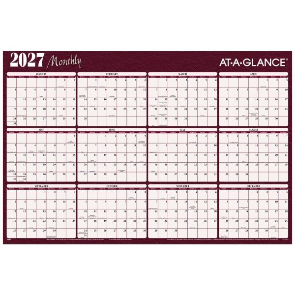 AT-A-GLANCE 2027 Horizontal Reversible Erasable Yearly Wall Calendar, Red and Blue, Extra Large, 48in x 32in