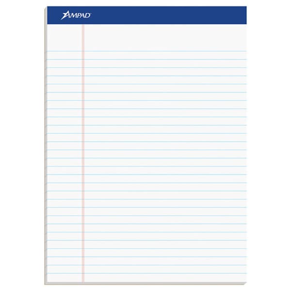 Ampad Basic Micro Perforated Writing Pads, 50 Sheets, Stapled, Wide Ruled, 8 1/2in x 11 3/4in, White Paper, Pack Of 12