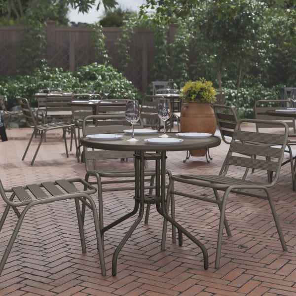 Flash Furniture Bellamy Round Tempered Glass Metal Outdoor Furniture Table, 28inH x 31-1/2inW x 31-1/2inD, Clear/Bronze