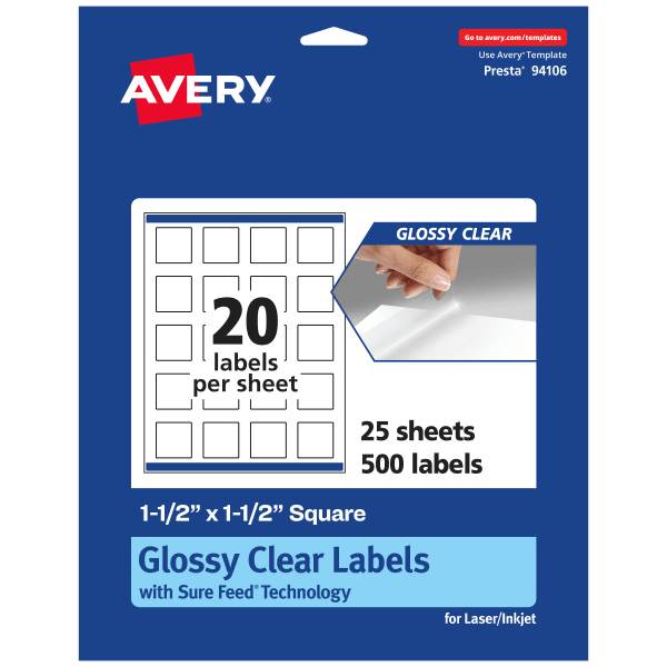 Avery Glossy Permanent Labels With Sure Feed, 94106-CGF25, Square, 1-1/2in x 1-1/2in, Clear, Pack Of 500