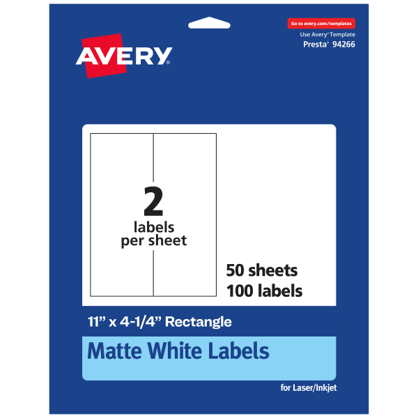 Avery Permanent Labels, 94266-WMP50, Rectangle, 11in x 4-1/4in, White, Pack Of 100