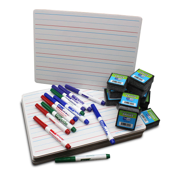 Flipside Products 2-Sided Rectangular Dry-Erase Boards With Colored Pens And Student Erasers, 9in x 12in, Red & Blue Ruled/Plain, Class Pack Of 12 Boards