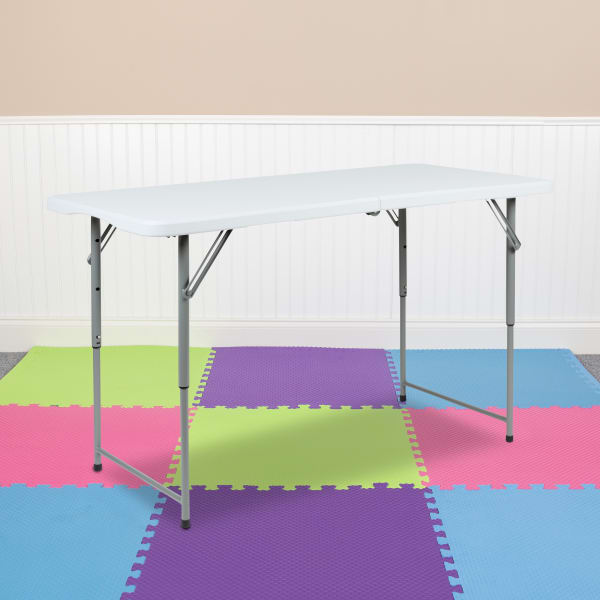 Flash Furniture Height-Adjustable Bi-Fold Plastic Folding Table With Carrying Handle, 29inH x 23-3/4inW x 47-1/2inD, Granite White