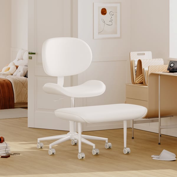 Pinmoco 2-Tier Cross-Legged Ergonomic Faux Leather Modern Armless Office Chair,White