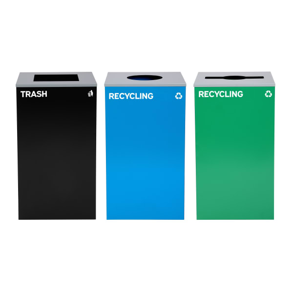 Alpine Industries Stainless-Steel Open Top Recycling And Trash Can Set With Square, Mixed And Circle Lids, 29 Gallons, 30inH x 16-15/16inW x 16-15/16inD, Black/Blue/Green, Set Of 3 Trash Cans