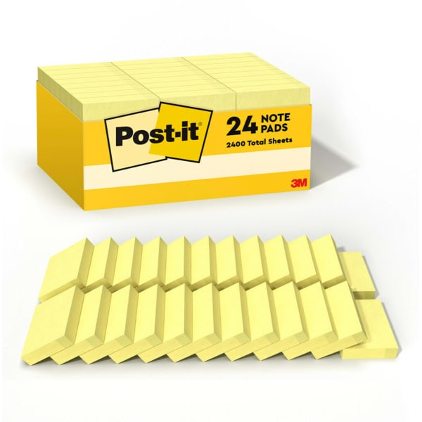 Post-it Notes, 24 Pads, 1 3/8 in x 1 7/8 in, Clean Removal, School Supplies and Office Products, Sticky Notes for Vertical Surfaces, Monitors, Walls and Windows, Canary Yellow