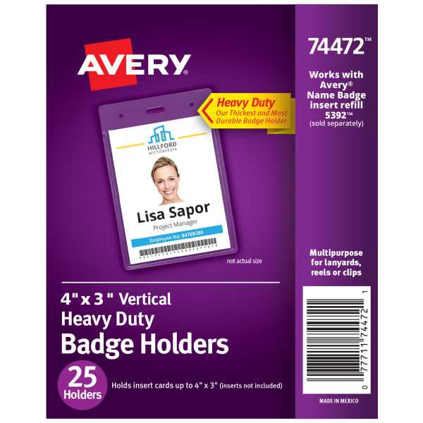 Avery Secure Top Badge Holders, Vertical Prepunched, 4in x 3in Badge, Clear, Box Of 25