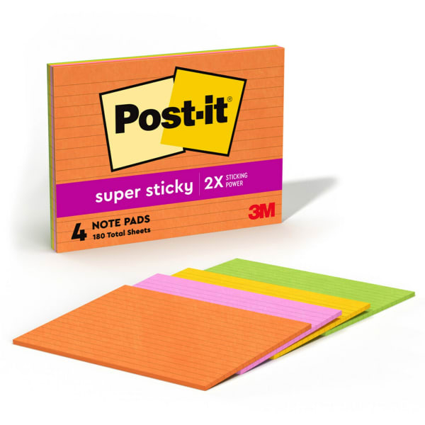 Post-it Super Sticky Notes, 4 Pads, 8 in x 6 in, 2x the Sticking Power, School Supplies and Office Products, Sticky Notes for Vertical Surfaces, Monitors, Walls and Windows, Energy Boost Collection, Lined