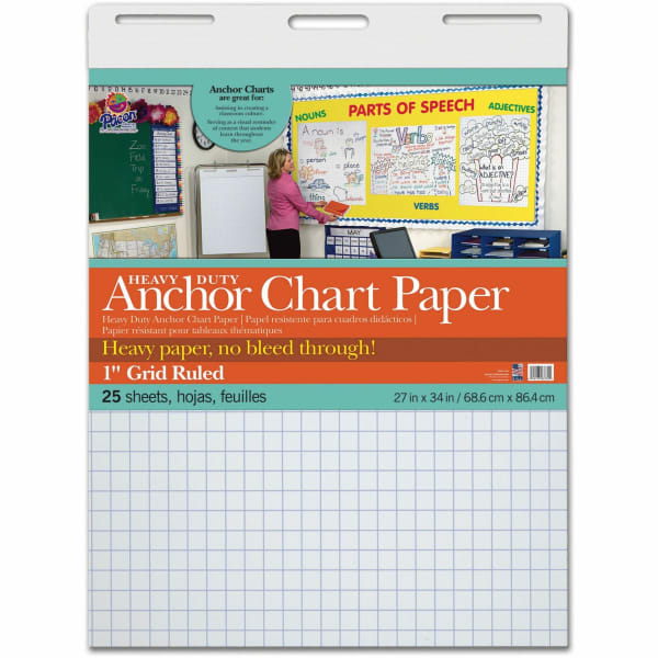 Pacon Heavy Duty Anchor Chart Paper, 27in x 34in, Grid Ruled, 25 Sheets, White, 4 Packs