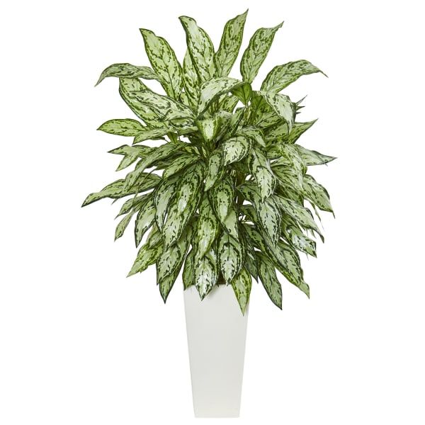 Nearly Natural Silver Queen 43in Artificial Plant With Tower Planter, Green/White