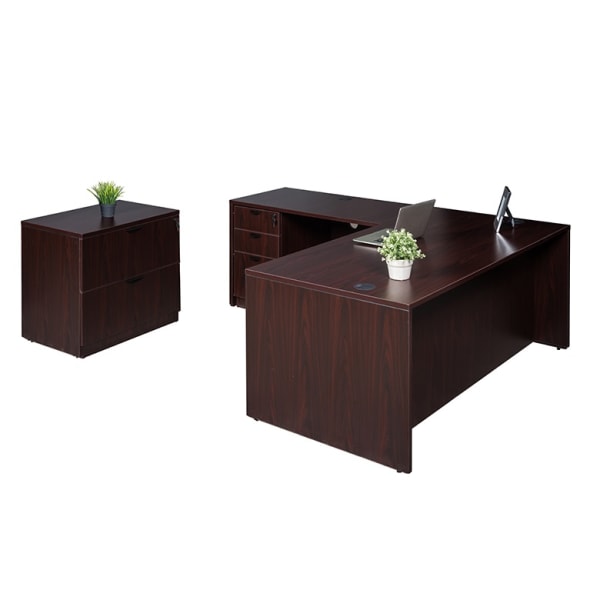 Boss Office Products 71inW Executive L-Shaped Corner Desk With Box/Box/File Storage Pedestal And 2-Drawer Lateral File, Mahogany