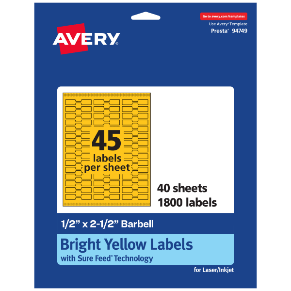 Avery Printable Labels With Sure Feed Technology, 94749-BYP40, Barbell, 1/2in x 2-1/2in, Matte Bright Yellow, Pack of 1800
