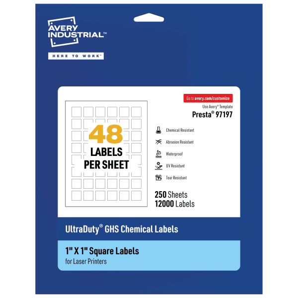 Avery Ultra Duty Permanent GHS Chemical Labels, 97197-WMU250, Square, 1in x 1in, White, Pack Of 12,000
